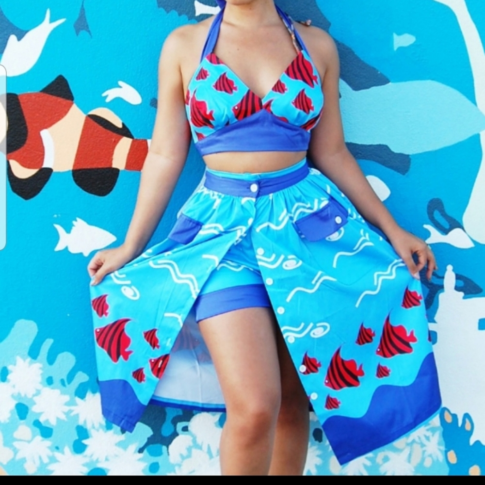 Tatyana What a Catch Top Red Angel Fish 50's Style RockABilly Beach Tied Bikini